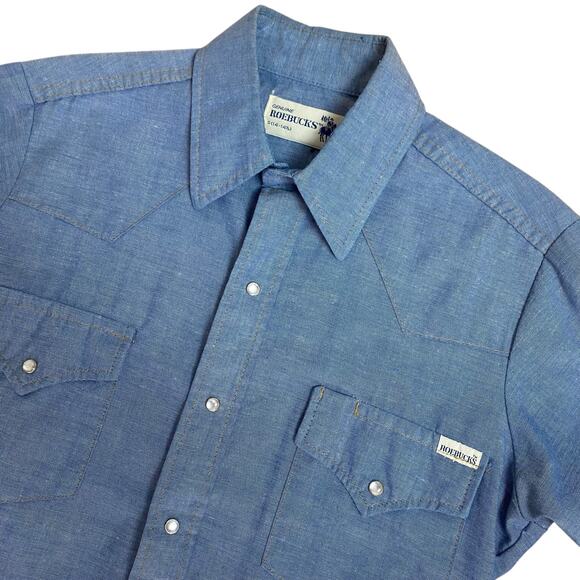 Vintage 70s 80s Roebucks Chambray Pearl Snap Western Button Down Shirt Small - Picture 3 of 6